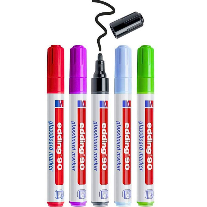 Marker EDDING do tablic szklanych 90 okrągły 2-3mm mix kolorów + czarny 5szt.