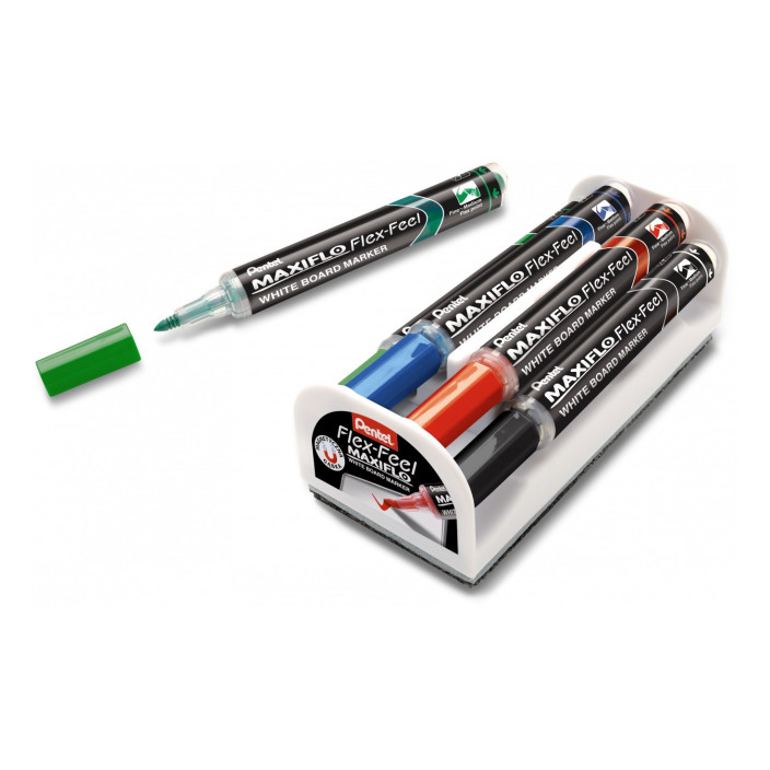Marker suchościeralny PENTEL MWL5SBF-4N Maxiflo Flex Feel kpl. 4szt. z gąbką