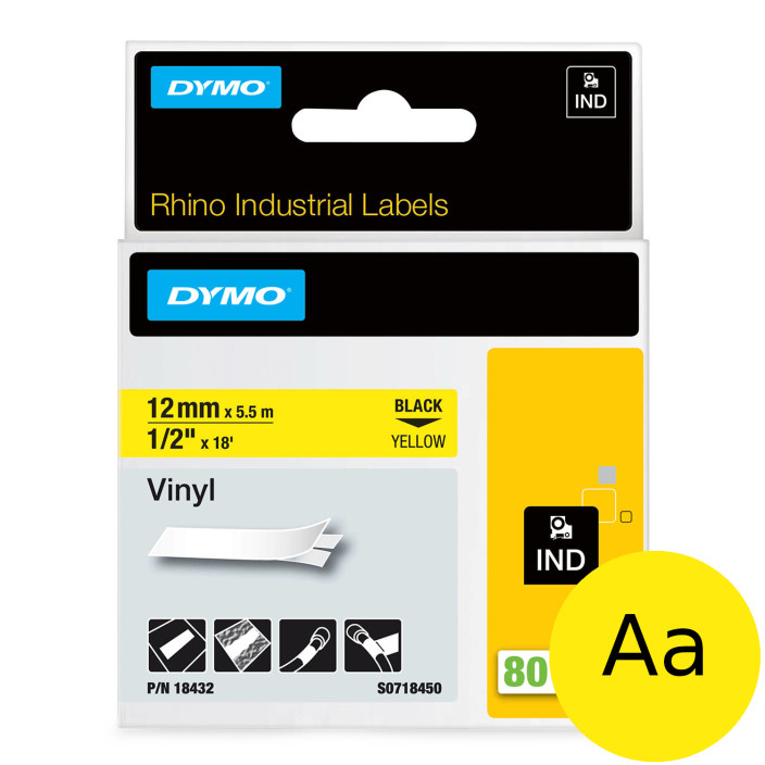 Taśma DYMO 18432 12mmx5,5m winylowa żółta/czarny nadruk
